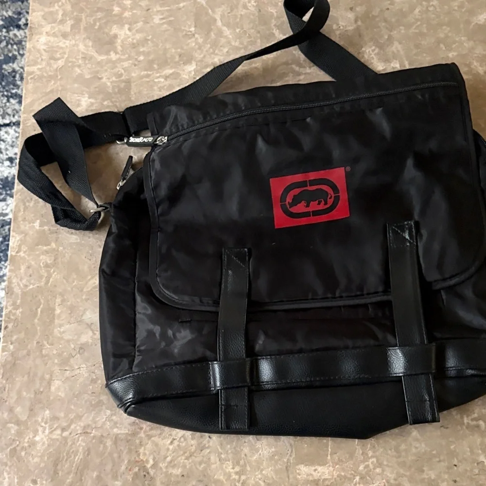 Black and Red Logo Messenger Bag